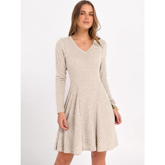 Women's Long Sleeve Ribbed Knit Short Dresses V Neck Swing Sweater Dress Beige - Picture 2 of 7